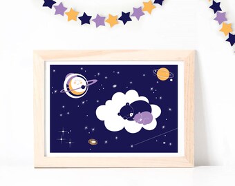 Purple Sleeping Bears in Night Sky Poster ~ A3 Hand Printed ArtPrint