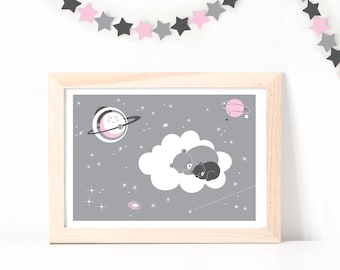 Affiche Grande Ourse et Petite Ourse dans le Ciel ~ A3 ~ Pastel, gris et rose ~ Sérigraphié à la main.