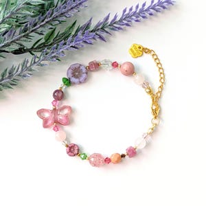 Pink gemstone glass butterfly bracelet | Natural gemstone pink purple | Fairy garden nature cottagecore | Handmade jewelry gift for her
