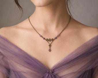 Vintage Heart Purple Crystal Lavalier Necklace | Antique Brass, Romantic, Art Nouveau, Victorian Jewelry | Handmade
