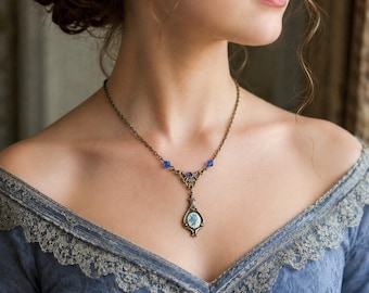Vintage Blue Rose Porcelain Cameo Necklace | Sapphire Blue Crystal, Antique Brass, Filigree | Victorian, Romantic Jewelry | Handmade