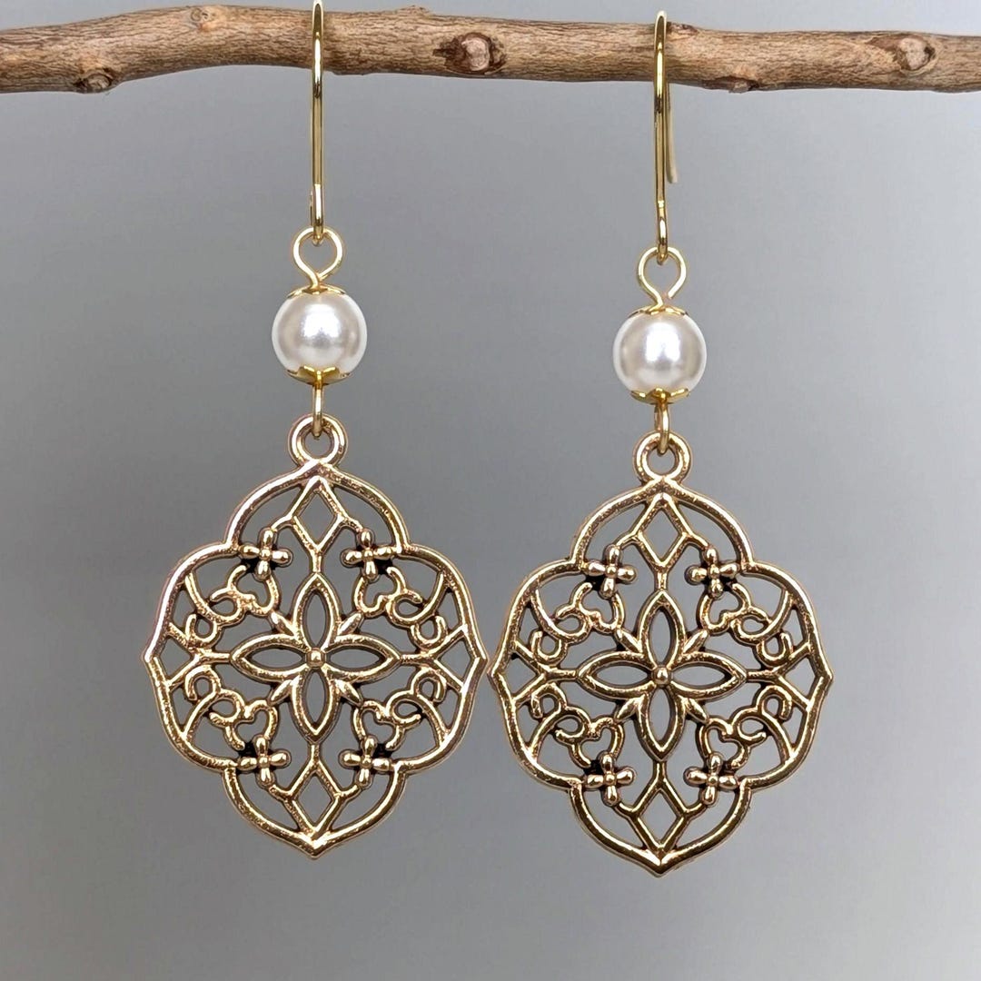 Art Nouveau Pearl & Floral Filigree Gold Dangle Earrings | Nature ...