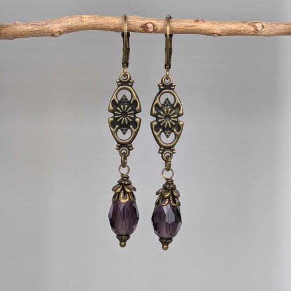 Vintage Floral Art Deco Earrings | Antique Bronze, Purple Crystal | Retro Style Jewelry | Handmade