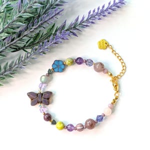 Purple gemstone and glass butterfly bracelet | Czech glass crystal | Fairy garden nature forest cottagecore | Handmade jewelry gift for her