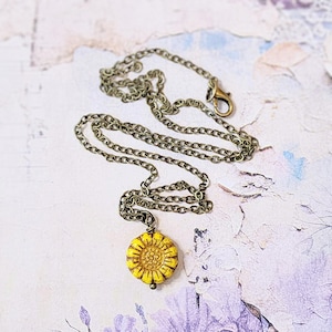 Yellow sunflower antique bronze necklace | Czech glass | Fairy garden nature cottagecore theme | Dainty simple minimalist, gift for her