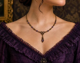 Victorian Purple Crystal Necklace | Vintage, Antique Brass, Romantic, Art Nouveau, Dark Academia, Gift for Her | Handmade