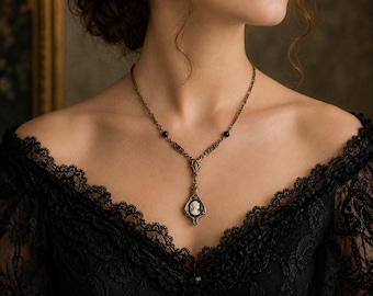Black Cameo Necklace | Vintage Victorian Gothic Jewelry, Antique Brass Filigree Pendant, Black Crystal Beads, Dark Academia Necklace
