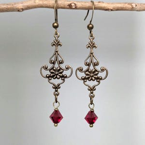 Art Nouveau Floral Dark Red Crystal Dangle Earrings | Antique Bronze Vintage Style | Handmade
