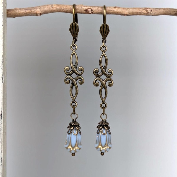 Vintage Art Nouveau Periwinkle Blue Tulip Flower Dangle Earrings | Czech Glass, Antique Bronze | Handmade