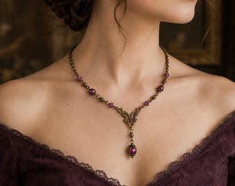 Victorian Amethyst Purple Pearl Necklace | Vintage, Antique Brass, Drop Pendant, Dark Academia Jewelry, Romantic Necklace