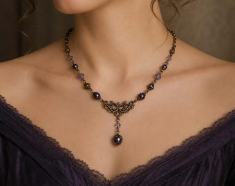Vintage Violet Purple Lavalier Necklace | Antique Brass, Romantic, Victorian, Art Nouveau, Dark Academia, Pearl Jewelry | Handmade
