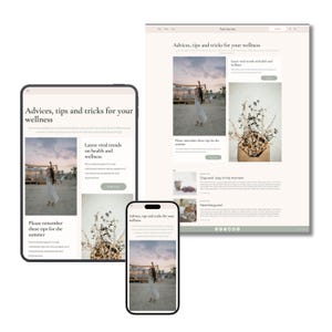 Puede incluir: Un sitio web de bienestar digital que se muestra en una tableta, un teléfono y una computadora. El sitio web presenta el texto "Consejos, trucos y consejos para tu bienestar" e incluye imágenes de una mujer en una playa y flores secas.
