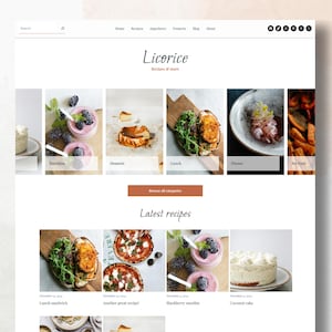 Könnte beinhalten: Eine Website-Startseite für einen Food-Blog namens "Licorice" mit Fotos verschiedener Rezepte, darunter Smoothies, Desserts, Mittagessen, Abendessen und Rezepte für die Heißluftfritteuse. Die Website bietet auch einen Bereich für "Neueste Rezepte" mit Fotos eines Mittagessensandwiches, einer Pizza, eines Brombeersmoothies und einer Kokosnuss-Torte.