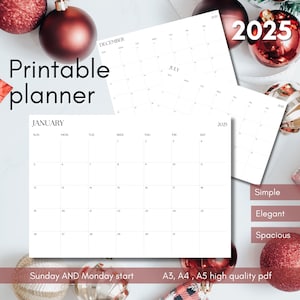 2025 monthly planner template printable A3, A4, A5. Sunday AND Monday start