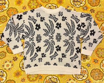 80s Metallic Floral Sweater Butterfly Leaves Tropical Retro White Black Vintage M