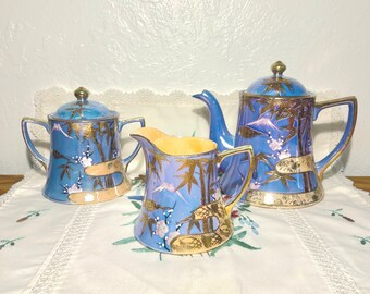Japanse blauwe lusterware-theeset uit de jaren 1950 van 3 MT Fuji, handgeschilderd vintage