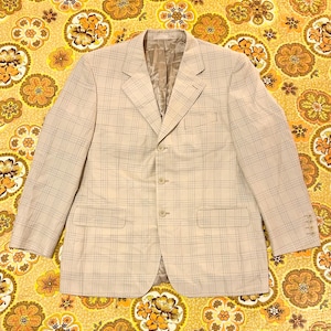 Plaid Blazer Beige Blue Trial Mens Straight Cut Spring Summer Sport Coat Jacket 46