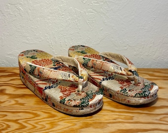 Vintage japanska sandaler med blombroderi, toffel, damstorlek 5