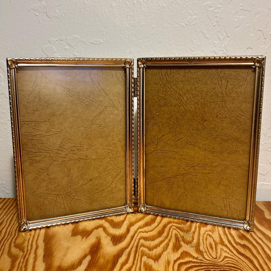Antique Gold Tone Double Picture Frame 7x5 Hinged Dual Tabletop Glass ...