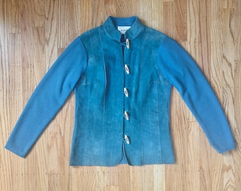 70s Blue Suede Sweater Jacket Toggle Closure Mock Neck Vintage Womens Gemilli S