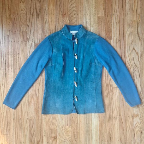 70s Blue Suede Sweater Jacket Toggle Closure Mock Neck Vintage Womens Gemilli S