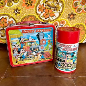 1979 Disney Express Lunch Box With Thermos Metal Vintage Train Goofy Mickey Peter Pan Collectible