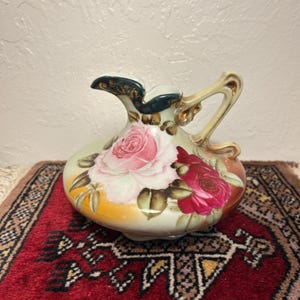 Nippon Vintage Hand Painted Floral Mini Pitcher Green Pink 1910s Early 20th Century