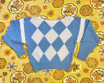 Lambswool Angora Sweater Vintage 80s Blue White Diamond Style Alicia Womens S