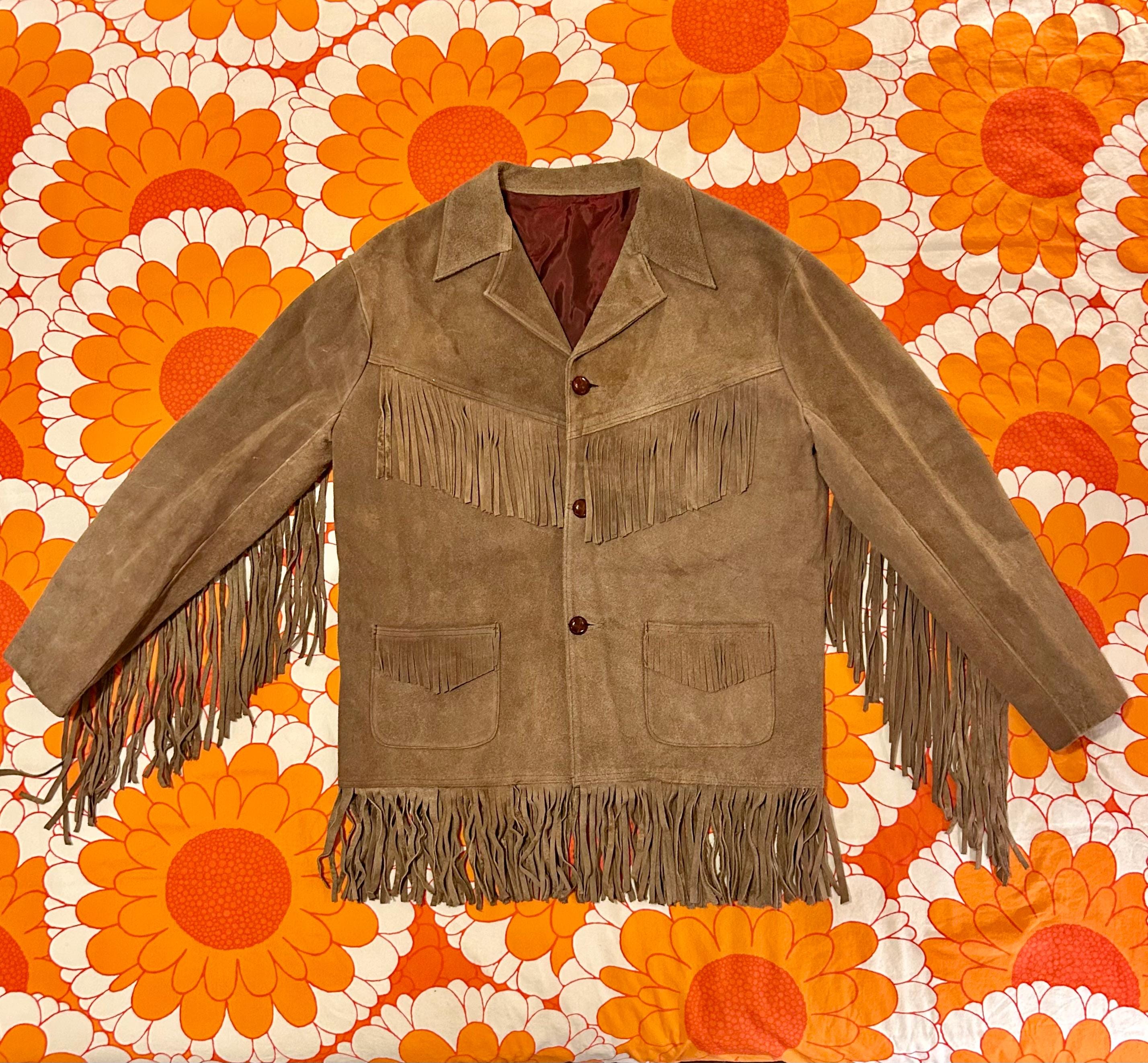 60s Fringe Suede Jacket Mens Beige Leather 70s Hippie Western
