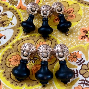 Set of 6 Antique Knobs Tear Drop Pull Victorian Eastlake Wood Brass Hardware 1800s