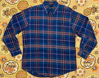 Camisa vintage azul a cuadros con botones, manga larga, años 90, Land's End, para hombre, talla M