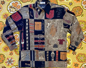 Vintage Long Sleeve Shirt 80s Funky Fashion Print Collared Mens Large