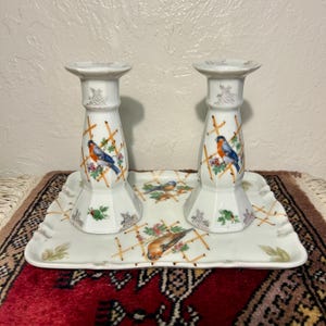 Set of 2 Candlestick Holders With Tray Floral Birds Ceramic Vintage Decor 70s