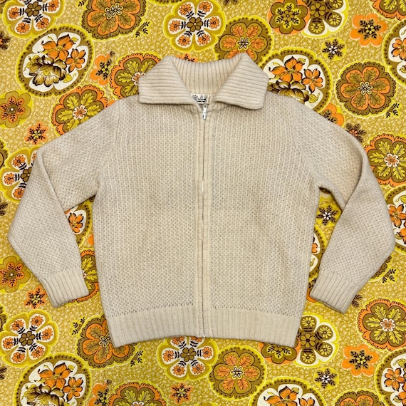 Vintage 80s Wool Cardigan Cream Ivory Zip Up Sweater Hi-Land Womens Small Medium