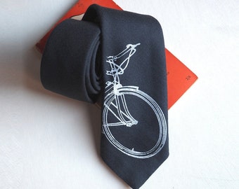White Bike Print on Grey Wool Mens Necktie,  Cycling Gift, bike gift, gift for him, bicycle gift, Christmas bicycle gift