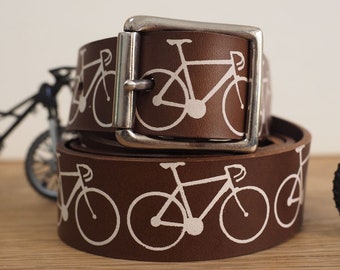 Printed bike leather belt, brown leather belt, bike gift, bicycle gift, bicycle belt, unique cycling gift, gift for cyclists, Father's day