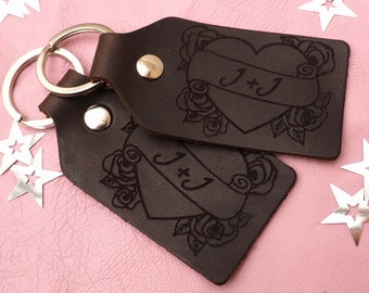 A pair of personalised leather keyrings, Christmas gift, Tattoo design personalised heart