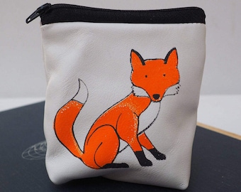 Fox hand screen printed soft leather purse, coin pouch, coin wallet, christmas fox coin purse