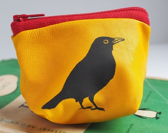 Small Blackbird Purse, handmade from a soft yellow leather, leather gift, gift for her, coin pouch, coin wallet, mom gift, grandma gift