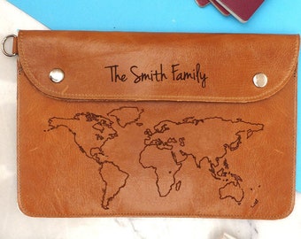 Personalised leather family travel wallet with world map, leather gift, travel gift, passport holder, Stylish travel gift, passport case