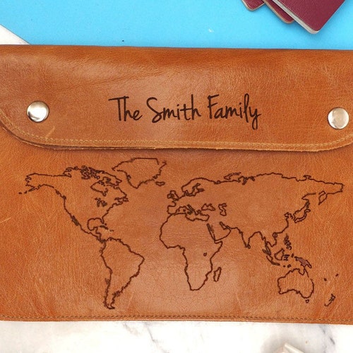Personalised Leather Family Travel Wallet With World Map Etsy