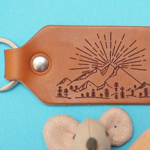 Personalized great outdoors camping leather key fob, leather gift, camping gift, gift for him, trees and mountains image 2