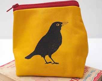 Blackbird soft yellow leather pouch, handmade leather coin pouch, gift for her, leather christmas gift coin purse