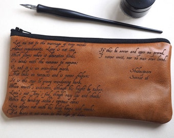 Personalized Shakespeare Sonnet 116 Leather Pencil Case, wedding anniversary gift, leather gift, gift for couples