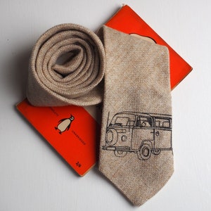Campervan tie hand printed on sand coloured tweed, campervan gift, t2 campervan, Father's day gift image 1
