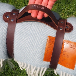 Personalised Leather Picnic Blanket Strap, Third Wedding Anniversary Gift, Picnic blanket carrier, useful Christmas storage gift