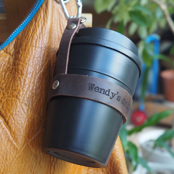 Personalised leather cup carrier and reusable coffee cup, coffee gift, eco gift, coffee gift, coffee gift, Father's day gift,
