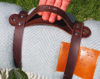 Personalised Leather Picnic Blanket Strap, Third Wedding Anniversary Gift, Picnic blanket carrier, useful Christmas storage gift