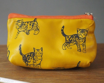 Kittens soft leather pouch in yellow, Cute kitten make up bag, The Cat Lover gift, Mothers day cat lover