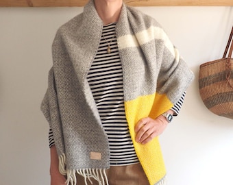 Personalised pure wool blanket scarf, in grey with yellow and cream stripes, cosy gift, cosy scarf, warm scarf, monogram scarf, mother's day